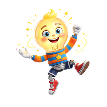 Cheerful light bulb character jumping with joy, cute 3D cartoon mascot for creative ideas, glowing lightbulb boy in colorful outfit