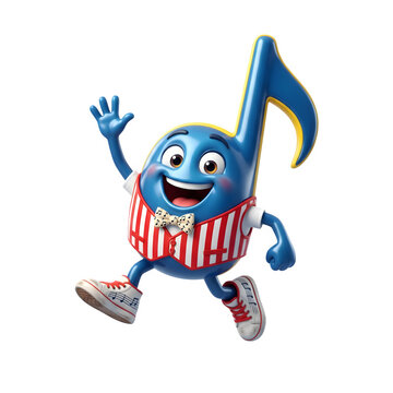Cheerful blue musical note character, animated music mascot in red striped vest, friendly singing eighth note icon on white background