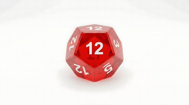 A single transparent flame-12 sided dice set against a clean white background, capturing the vibrant red color and clear geometric design for gaming.