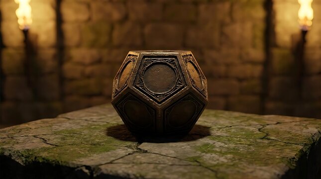 Flame-12 sided dice sitting on an ancient mossy stone pedestal in a dimly lit dungeon chamber illuminated by flickering wall torches for rpg gaming