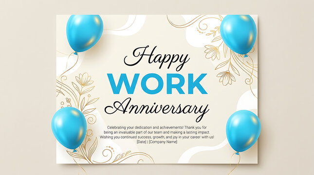 Blue balloons and floral on happy work anniversary card