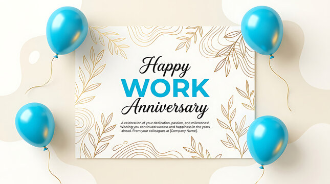 Blue balloons and gold leaf for work anniversary greeting