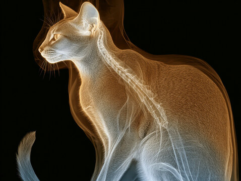 A profile view of an X-rayed Abyssinian Cat, showing its skeleton and body superimposed The cat appears relaxed, with a dark fur texture contrasting against a light, ethereal skeleton - AI-Generated
