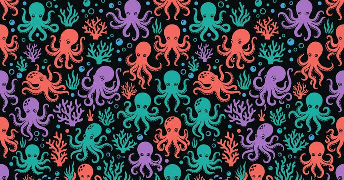 Octopus and coral seamless pattern on black background