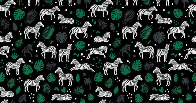 Zebra and monstera leaf seamless pattern on dark background