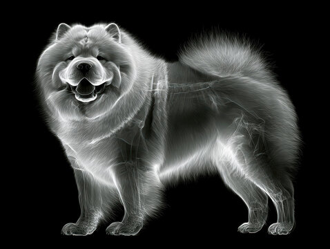 Chow Chow dog against dark background, mid-pose, open mouth, sense of relaxation or playfulness, moody lighting, subdued color palette black, white, gray, front angle slightly below - AI-Generated