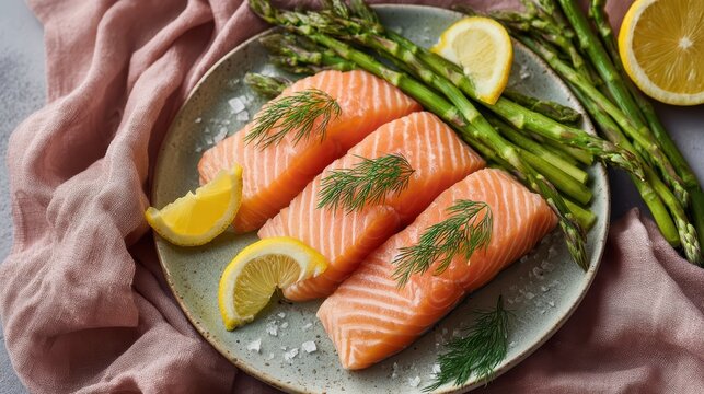 Minimal rustic plate with three salmon fillets