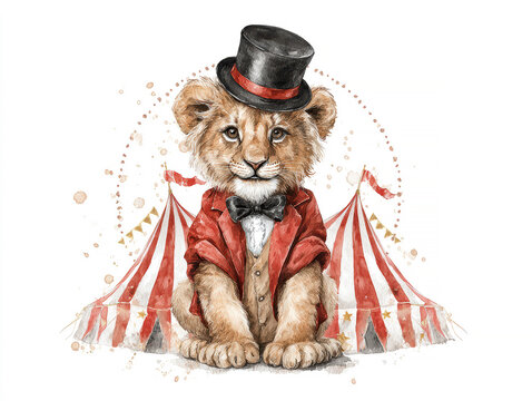 Baby lion in circus ringmaster costume welcomes audience at a colorful, watercolor circus tent, set against white background, at a baby shower - AI-Generated