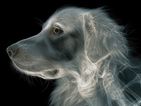 Close-up of a Great Pyrenees, white furred dog with drooping ears and attentive look, soft lighting, shallow depth of field - AI-Generated