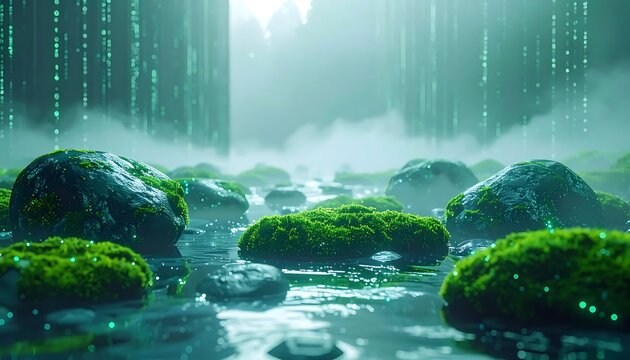 Futuristic digital forest with glowing particles