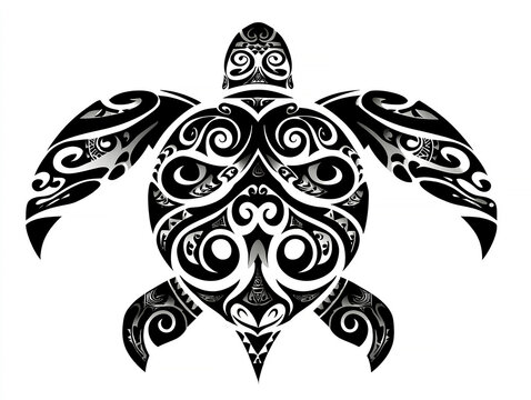 Black and white turtle illustration, Polynesian tribal art inspired, bold design, flowing curved lines, organic shapes, spiral patterns, intricate swirls, side view, shell patterned, de - AI-Generated
