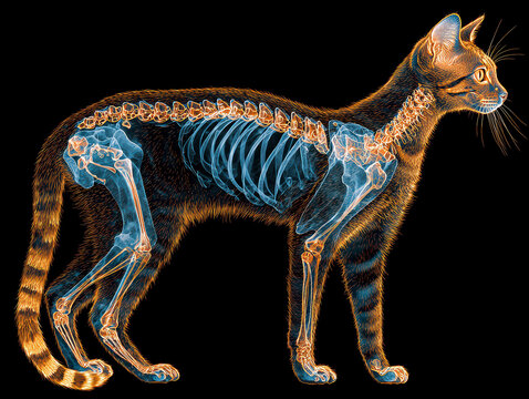 Vertical X-ray of a striding cat in vibrant colors, skeleton highlighted in blue and orange against black backdrop, elongated silhouette resembling humanoid form, visible skull, ribcage - AI-Generated