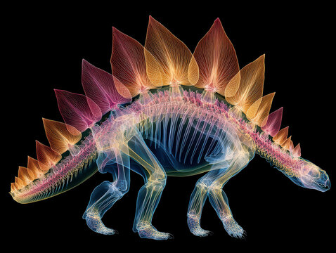 A digital art piece showcases a stylized Stegosaurus skeleton with an elongated snout, pale blue and white X-ray bones, and an abstract background of warm, radiating colors - AI-Generated