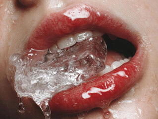 Fototapeta premium Close-up macro shot of a persons red lips, holding a melting ice cube Shiny, textured ice with air bubbles and condensation Hyper-detailed skin texture, pores, teeth shape, lip asymm - AI-Generated