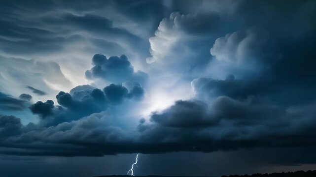 激しく渦巻く暗い雷雲と遠くで光る稲妻の荒天風景