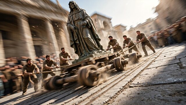 Caucasian male manual laborers pulling a heavy wooden cart carrying a large religious statue along a stone street with intense motion blur in an ancient classical setting