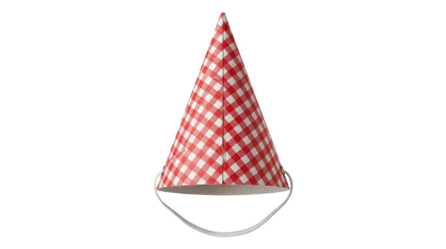 Three red and white gingham party hats with elastic straps hanging isolated on a clean white background.