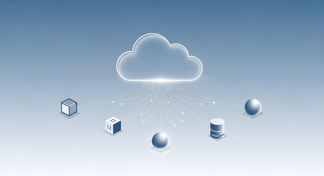 Abstract digital cloud computing concept showcasing interconnected data storage nodes and seamless network infrastructure integration featuring glowing particles on modern minimalist blue background.