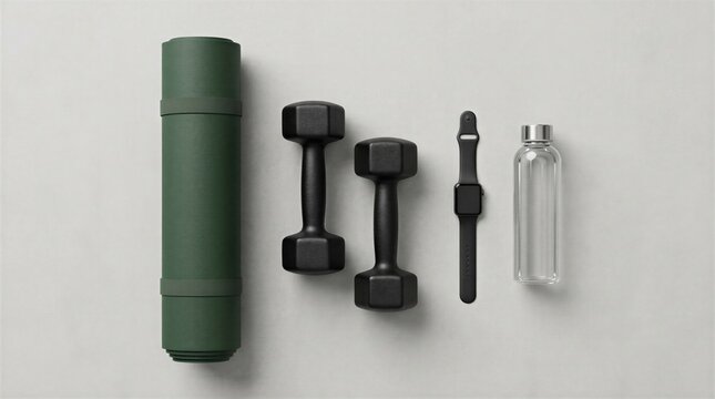 Top down view of yoga mat weights and fitness accessories on concrete