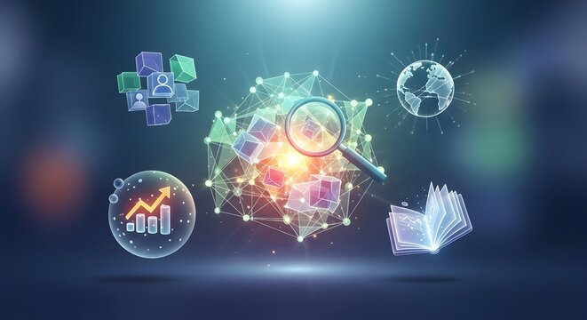 Abstract composition of floating glass cubes magnifier and glowing digital connections icons representing search information data analysis global networking research knowledge sharing discovery.