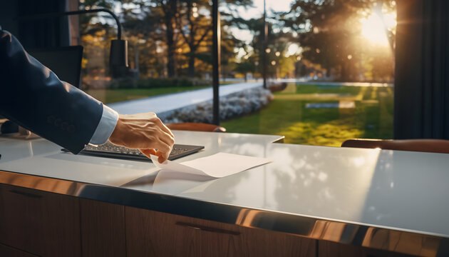 Professional executive placing document on polished desk, sunlight streaming through large window overlooking lush green parkland, modern office interior, corporate success concept