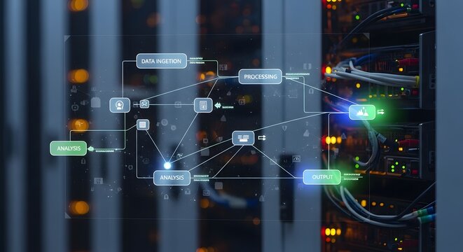 Abstract data flow diagram with nodes connected by lines across servers background illustrating data ingestion processing analysis and output stages for backend system infrastructure monitoring.