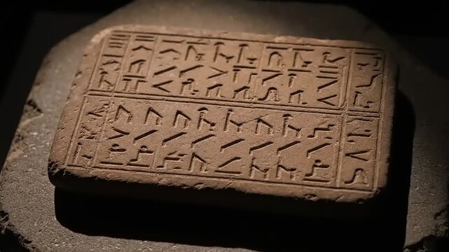 Stone tablet engraved with ancient cuneiform script sits under a focused light source.