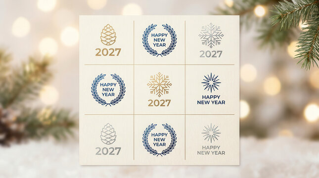 Set of nine minimalist New Year 2027 greeting card designs with snowflakes and pine cones
