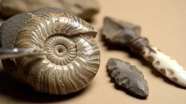 Ammonite fossil sits beside primitive stone tools and a carved bone handle on a neutral surface.