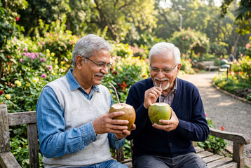 Obraz premium Two senior indian men drinking fresh green coconut water through straws on a wooden park bench
