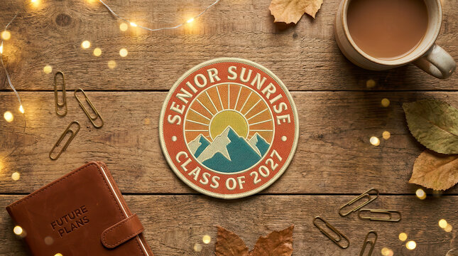 Embroidered Senior Sunrise Class of 2021 Patch on a Rustic Wooden Desk Background