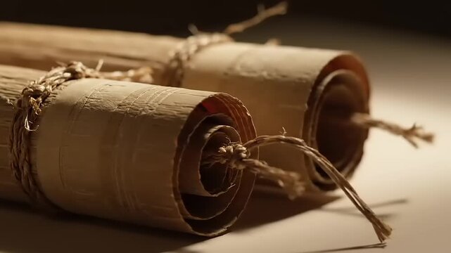 Scrolls made of textured parchment remain tied with rustic twine on a flat surface.