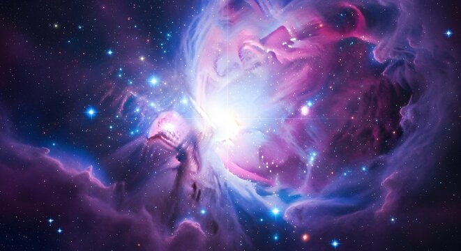 A shimmering nebula with bright stars and glowing cosmic gas