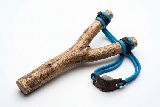 Rustic wooden slingshot with bright blue elastic bands and a leather pouch on a white background