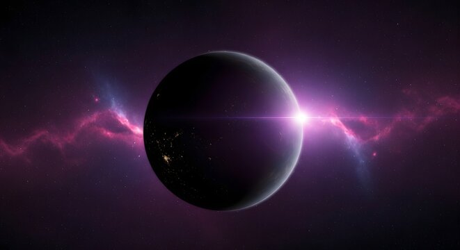 An exoplanet with city lights and vibrant lens flare in deep space