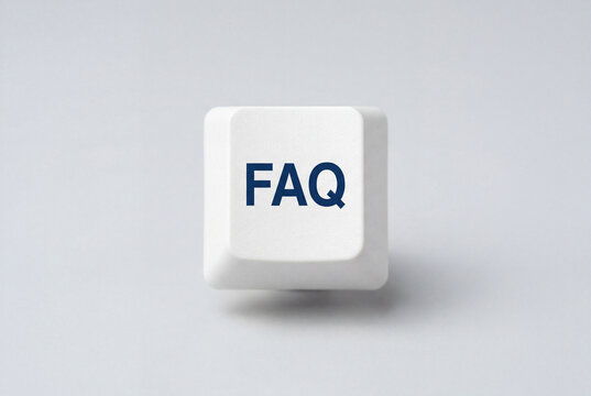 Single raised white computer keyboard key featuring the letters faq in dark blue text