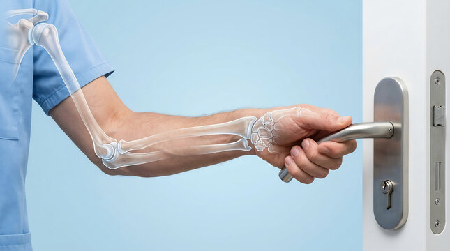 Digital illustration of a human arm and hand opening a door handle