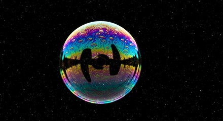 Fototapeta premium Colorful iridescent soap bubble against a starry cosmic dark background