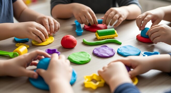 Childrens hands play with colorful playdough on a wooden table