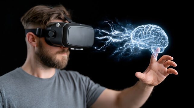 Man using virtual reality headset interacting with glowing digital brain model technology hologram intelligence innovation neuroscience computing research interactive futuristic simulation