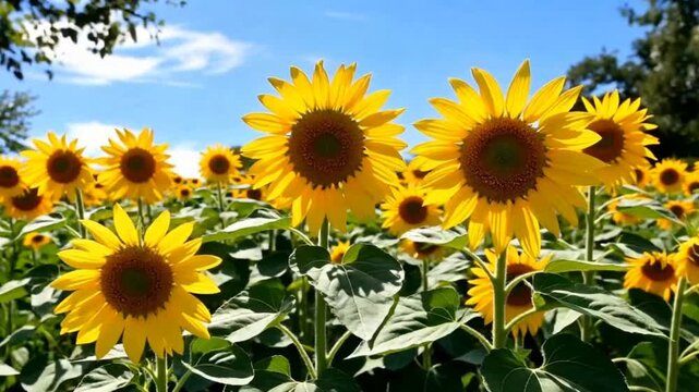Vibrant yellow sunflowers blooming in a vast summer field under a clear blue sky, capturing the essence of a bright sunny day in nature's garden