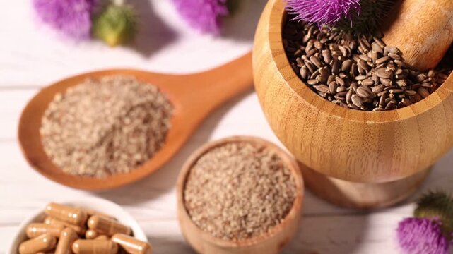Milk thistle pills, seeds and flowers on white wooden table, closeup
