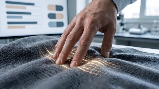 Textile engineering visualization featuring a hand touching a piece of fabric revealing glowing fiber optic threads
