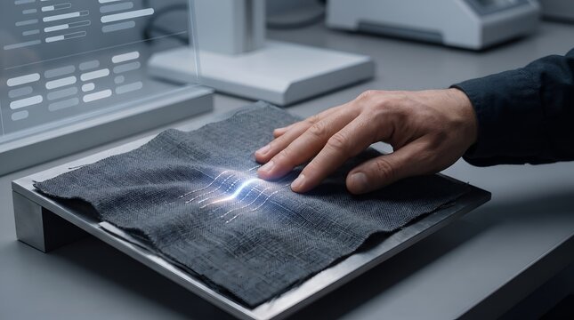 Advanced smart fabric concept showing a hand testing a textile with glowing embedded electronic sensors