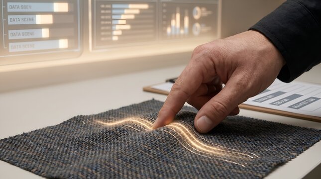 Innovative e-textile development showing a hand interacting with smart fabric displaying luminous data pathways