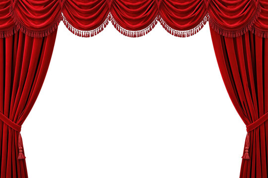 Ornate red theater curtain frame isolated on transparent background