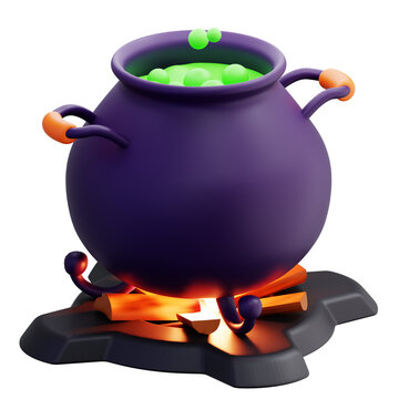 3D witch Cauldron Potion boiling over burning campfire for magic spells and halloween celebration