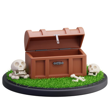 3D treasure Chest Pirate Skeleton Skulls and Bones on Grass Pedestal