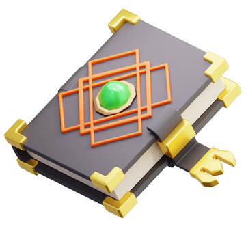 3D spellbook Magic Fantasy Tome with Gold Trim and Green Gemstone
