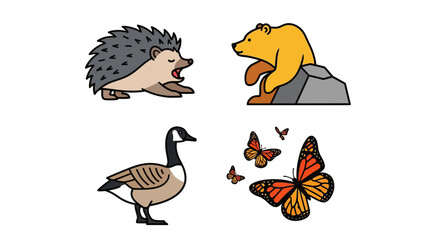 Naklejka premium Autumn animal icon set with hedgehog bear goose and butterflies